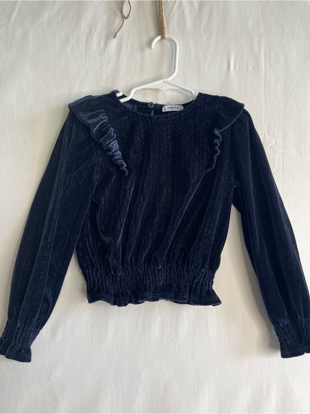 Mayoral Navy Velvet Ruffle Long-Sleeve Top